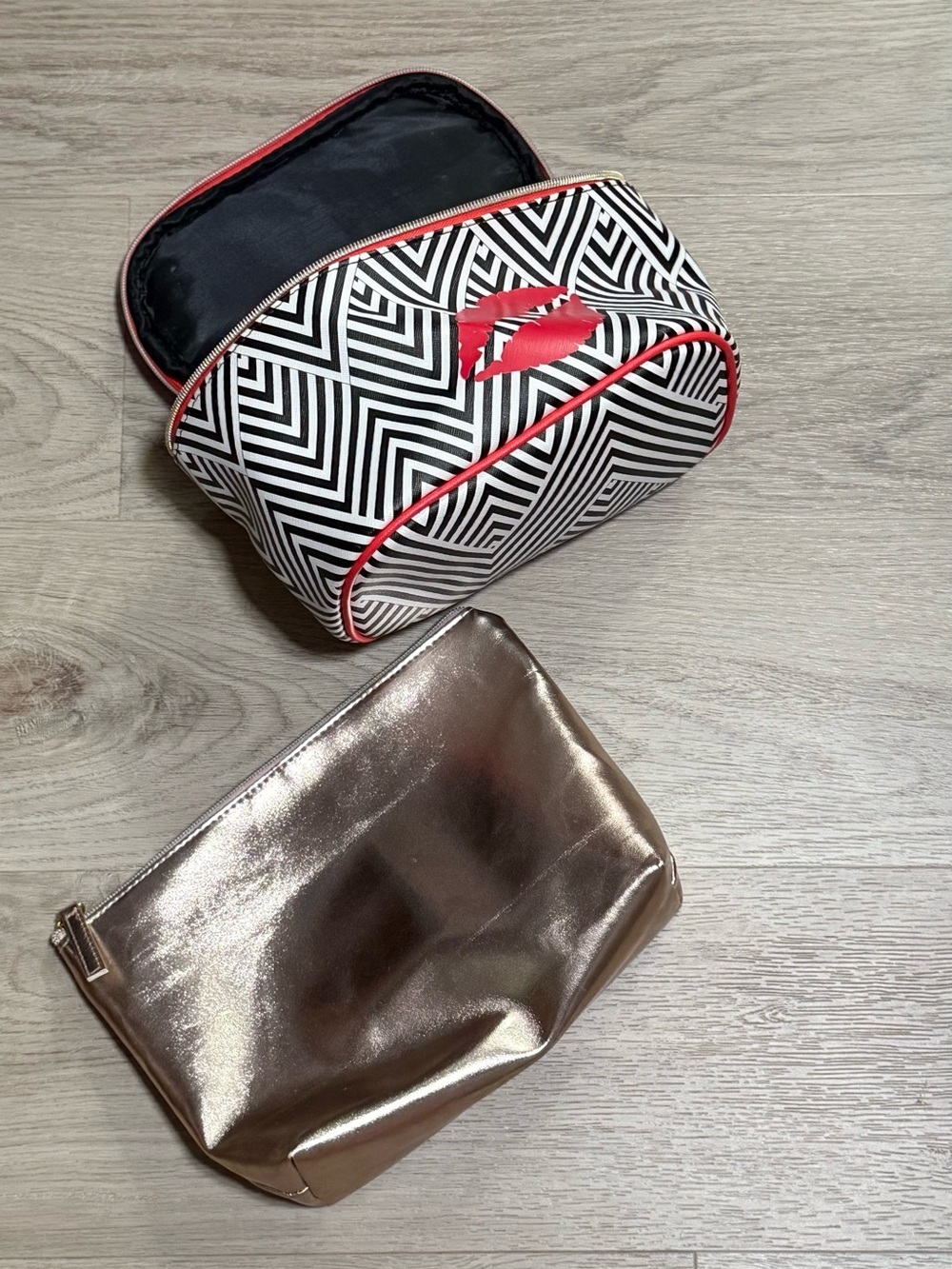 Black & White Geometric Cosmetic Bag with Red Trim